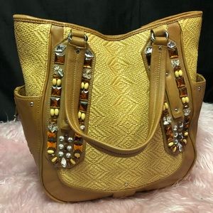 Cole Haan Straw Leather Handbag With Gems & Beads